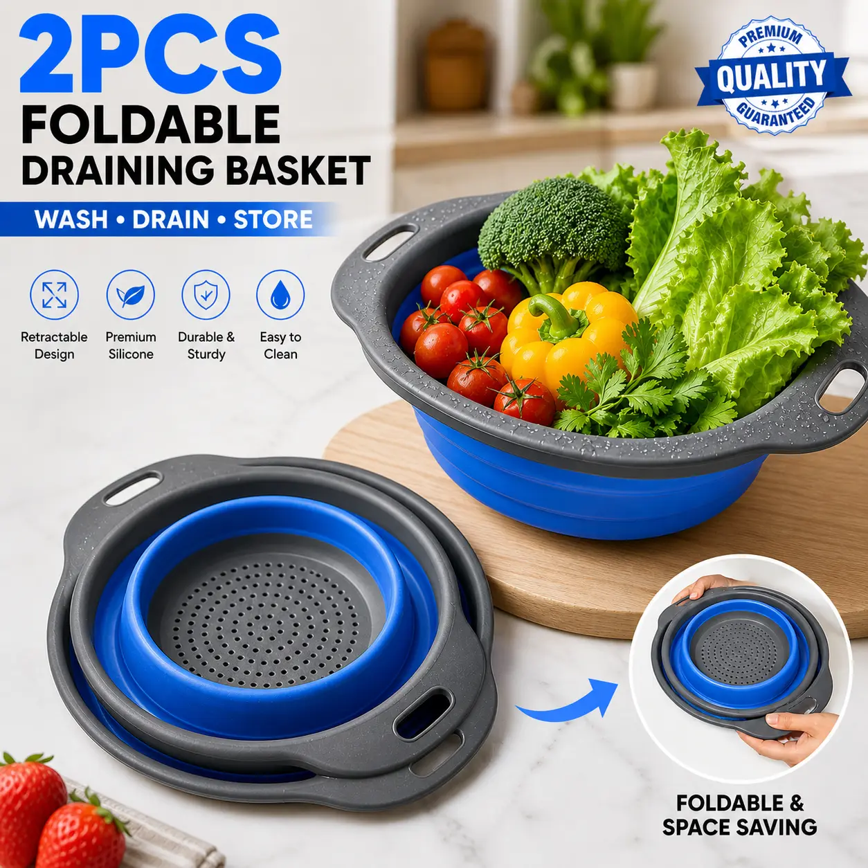 2PCS Premium Foldable Expandable Draining Basket Set – Sturdy Durable Retractable Round Colander with Fast Drainage, Adjustable Silicone Kitchen Gadgets for Sink Vegetable Washing & Meal Prep