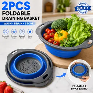 2PCS Premium Foldable Expandable Draining Basket Set – Multi Functional Retractable Round Colander, Adjustable Silicone Vegetable & Fruit Washing Strainer for Kitchen Sink
