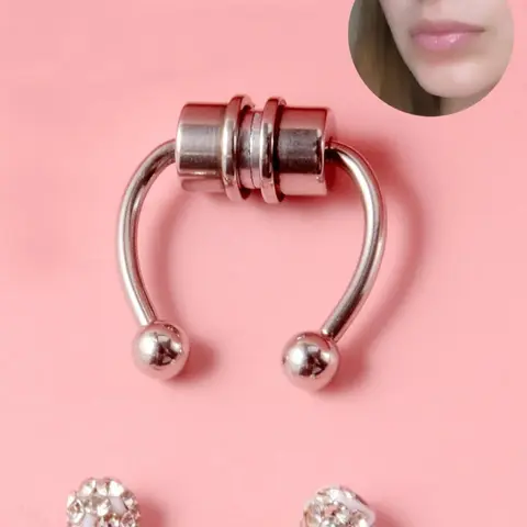 Body No Piercing Fake Piercing Body Jewellery Magnetic Nose Rings with Rhinestone Decorated Replacement Head Magnetic Nose Cuff for Men & Women, Non Piercing Jewelry, Spiral Nose Ring Nose Rings Set, Faux Septum Piercings