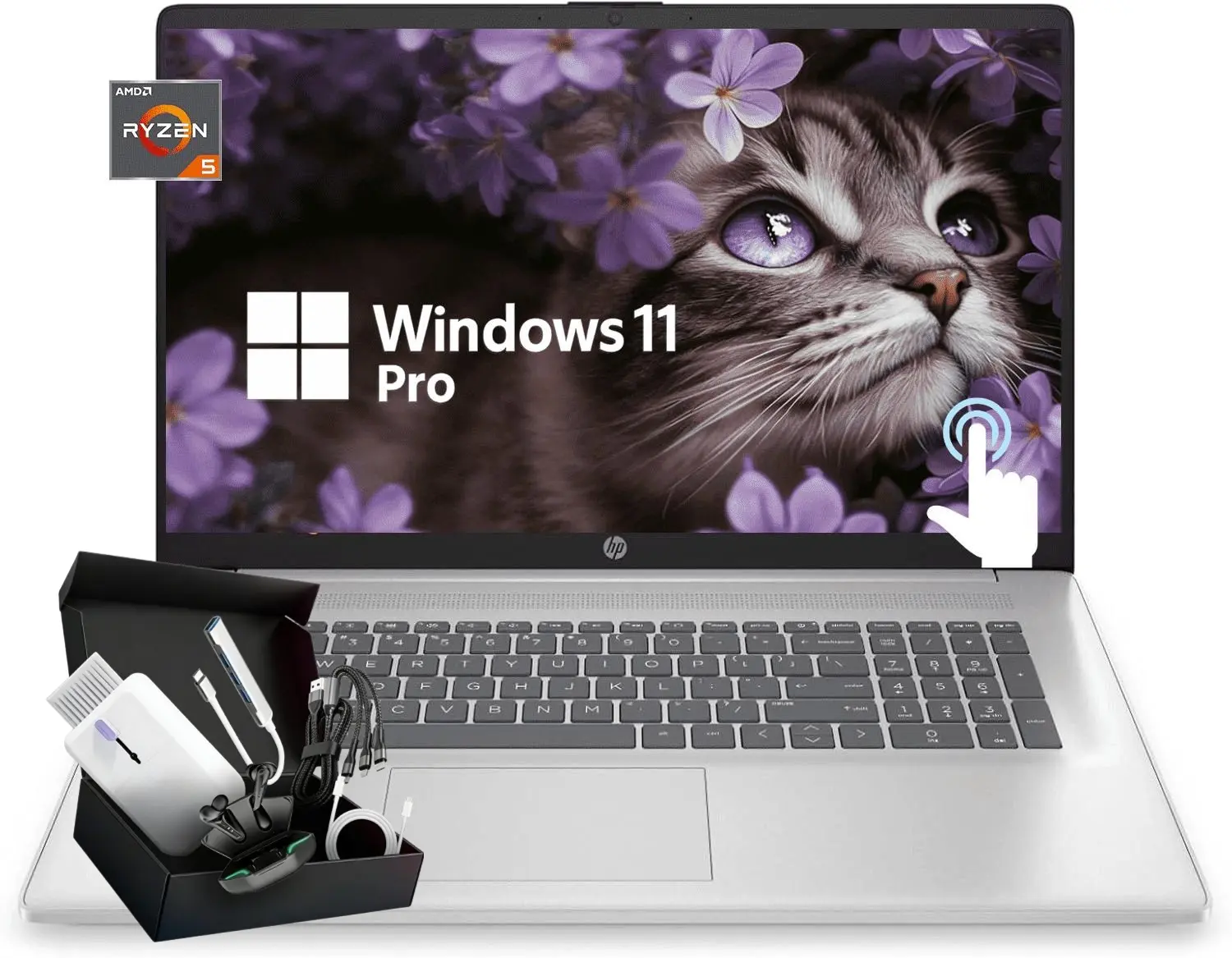 HP 17.3 Flagship Touchscreen Laptop Computer - 17.3" HD, Anti-Glare, AMD Ryzen 5 7530U, Win 11 pro, WiFi 6, for Business & Student, w/Accessory, Silver (Up to 32GB RAM, 512GB/1TB/2TB SSD)