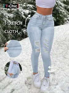 GILIPUR Y2K Women's Skinny High Stretch Blue Viscose Jeans - Distressed Ripped Denim Pants, Slim Fit Stretchable Ankle Jeans For Casual Style, Trendy Fashion Streetwear Jeans T-Chic