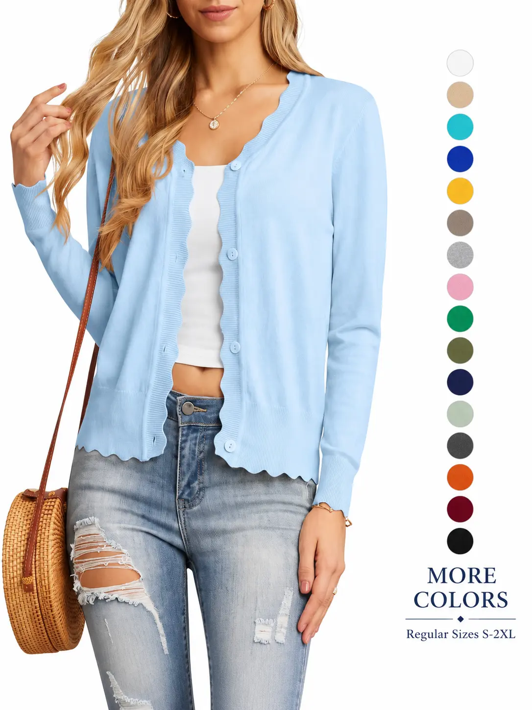 Women's Lightweight V-Neck Cardigan Sweaters Scalloped Trim Button Down 3/4 Sleeve Knit Cropped Top Basic Breathable Casual Bag
