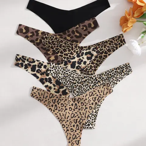 5/6/10/20 Pcs Sexy Comfortable Leopard Print Plain Women's Low Waist Thongs, Slim-Fitting Drop Waist Underwear for All Seasons, Low Waist Panties