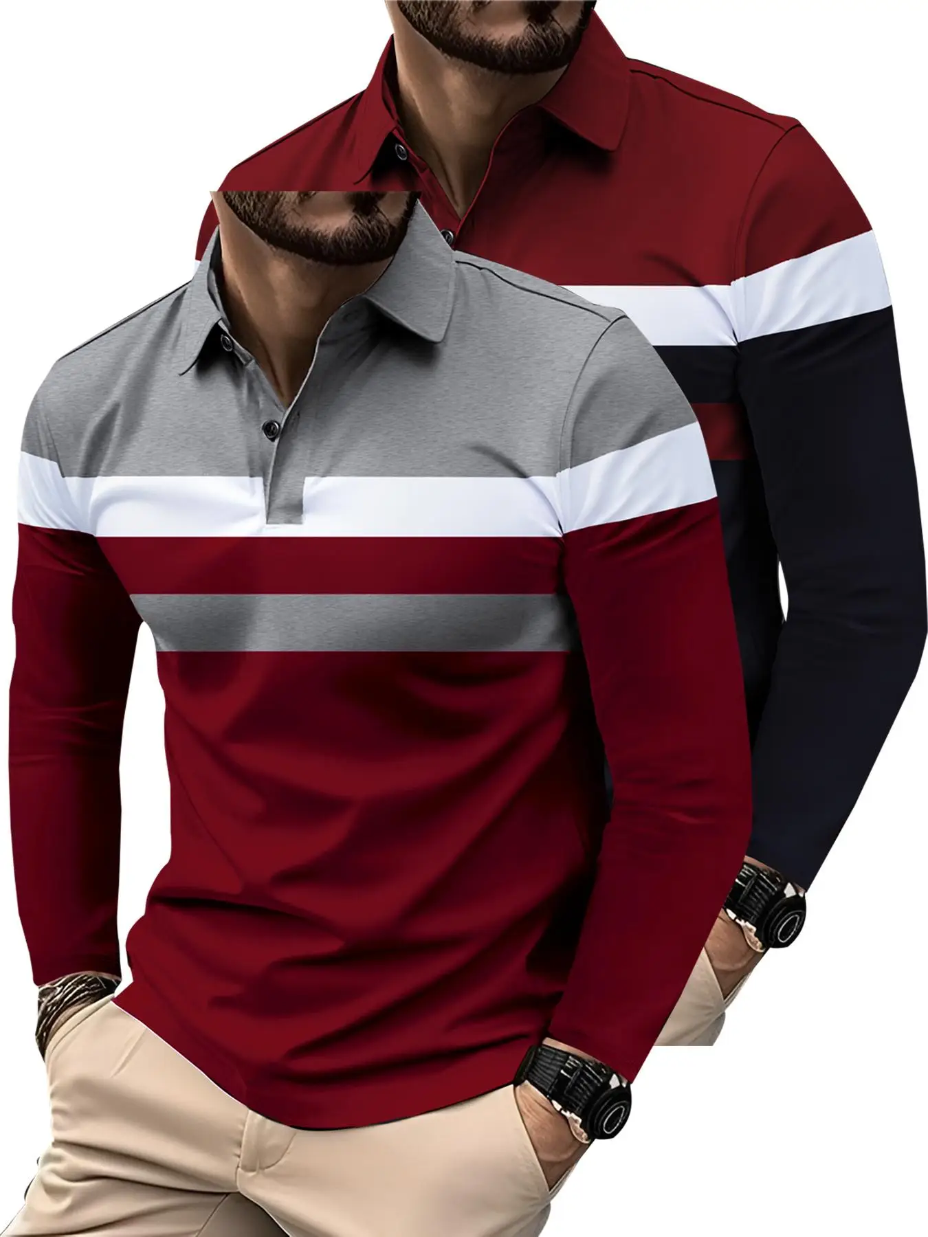 Men's Colorblock Print Button Front Polo Shirt, Regular Fit Casual Long Sleeve Top for All Seasons, Fashion Men's Clothes for Daily Wear