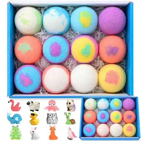Bath Bombs for Kids with Surprise Animal Toys Inside, 12 Pack Colorful Bath Fizzies, Gentle Formula, Christmas Gift Set & Stocking Stuffers for Boys and Girls Ages 3+