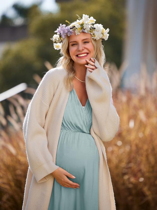 Ekouaer 3 in 1 Labor Delivery Hospital Gown Maternity Dress Nursing Plus Size S-XXL Skin Friendly Elastic Waistline V Neck Design Postpartum Outfit