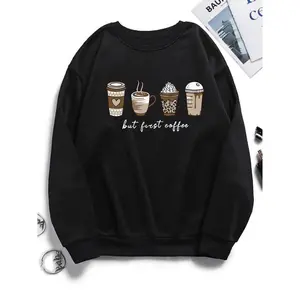 Women’s cartoon coffee cup print crew-neck sports sweatshirt, long-sleeve pullover for spring and autumn, women’s black top, women’s sports shirt, comfortable women’s top, casual comfortable pullover GARMENTARY