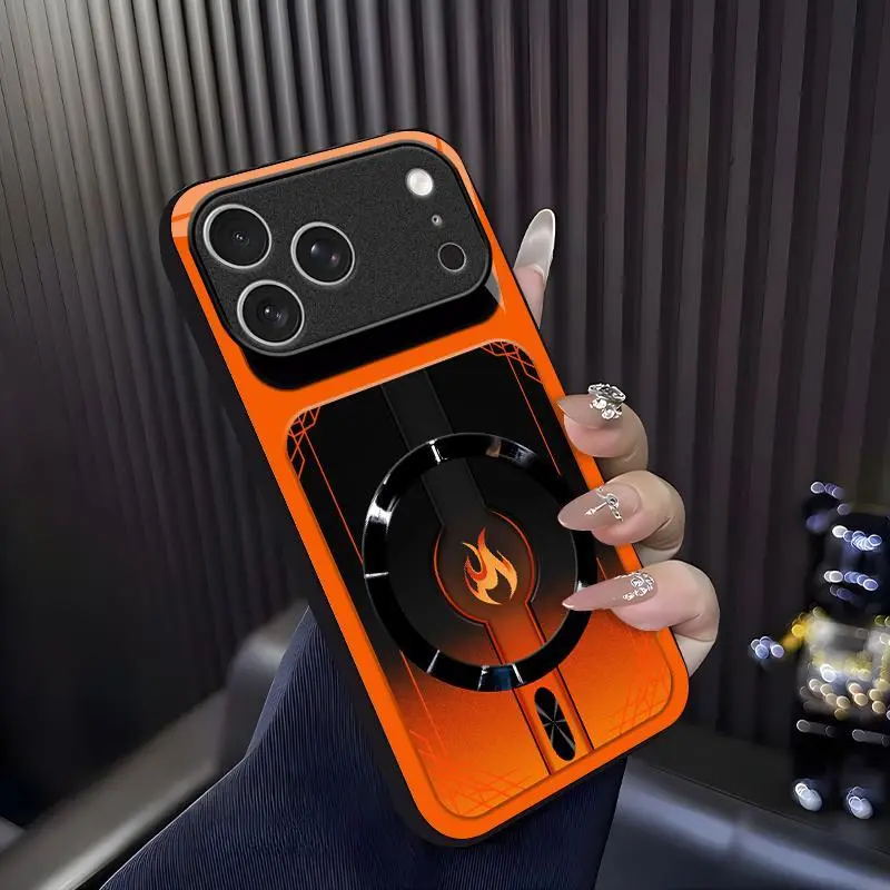 Cyber Mecha Flame MagSafe-Compatible High-Gloss Tempered Glass Protector Casing for [iPhone 17 Pro] 952, Shockproof Frame Smartphone Cellphone Accessories