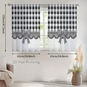 2D Flat, Stylish Black and White Checkered Sheer Curtains with Scalloped Black Lace Trim and Shiny Gray Bow, Perfect for Living Room Bedroom Kitchen Gallery Cafe, Window Curtain, Room Decor Curtain