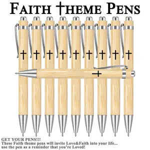 10 Pack Bamboo Christian Pens, Faith Cross Retractable Ballpoint Pens, Black Ink Medium Point Pens for Church Gifts, Bible Study, Religious Gifts, Office & School Supplies
