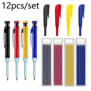 Woodworking Pencil Set, 12pcs/set Including 4 Woodworking Lead Pencils & 4 Pen Clips & 4 Sets Refills, Multi-color Woodworking Marking Pens, Office Stationery & Supplies