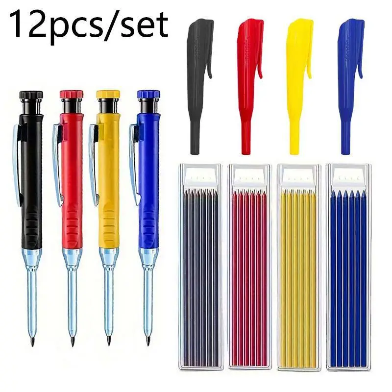 Woodworking Pencil Set, 12pcs/set Including 4 Woodworking Lead Pencils & 4 Pen Clips & 4 Sets Refills, Multi-color Woodworking Marking Pens, Office St