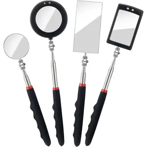 4PCS Telescoping Inspection Mirror LED Lighted Inspection Mirror for Mechanic Checking Vehicle, Car, Eyelashes, Mouth, Small Parts Observation (Extendable, Rectangle & Round) KABUDA