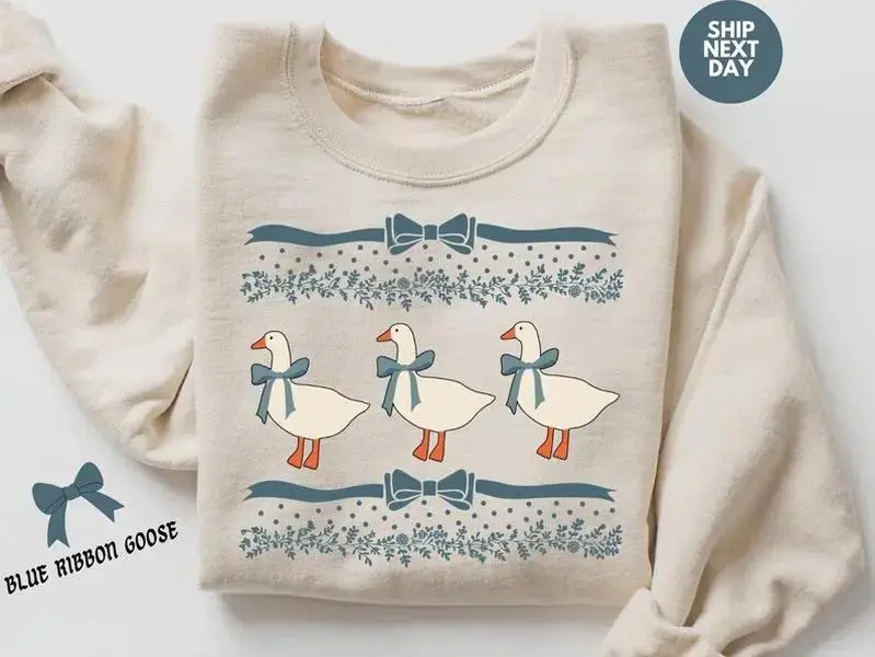 1980s Blue Ribbon Goose With Hearts Ugly Sweatshirt Vintage Original Sweatshirt Bows and Adorable Doodle Hearts Animal Lover, Goose Shirt