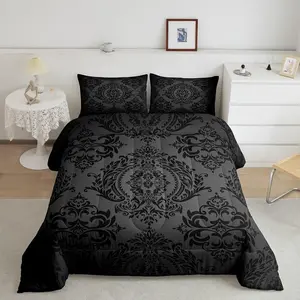 Black Vintage Damask Floral Designer Comforter Set,Oriental Antique Comforter,Gothic Bohemia Floral Luxury Bedding Set,Bohemian Exotic Duvet Set