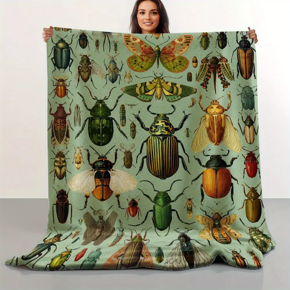 Retro Vintage Woven Fabric Flannel Throw Blanket - Insects Print, 280GSM, Fade-Resistant, Wrinkle-Resistant, Soft All-Season, Durable Mixed-Color, Machine-Washable Home Decor for Indoor/Office Use