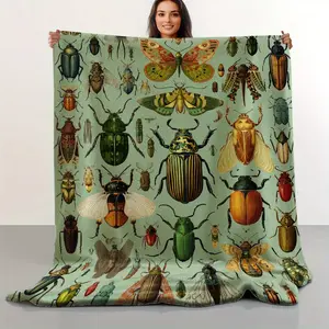 Vintage-Inspired Insect Print Flannel Throw Blanket - Soft All-Season Blanket for Home Decor, Office & Picnic, Mixed Colors, 280GSM, Retro Aesthetic, Durable Flannel Material, Outdoor Essential