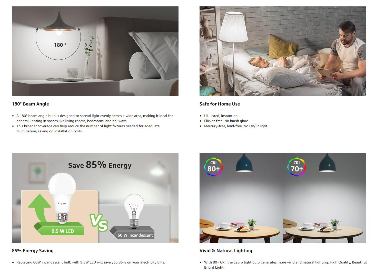 Lepro Dimmable LED Light Bulbs 60 Watt Equivalent, 9.5W 800LM Soft Warm White 2700K, A19 E26 Standard Medium Base, UL FCC Listed, 15000 Hour Lifetime, 5 Packs