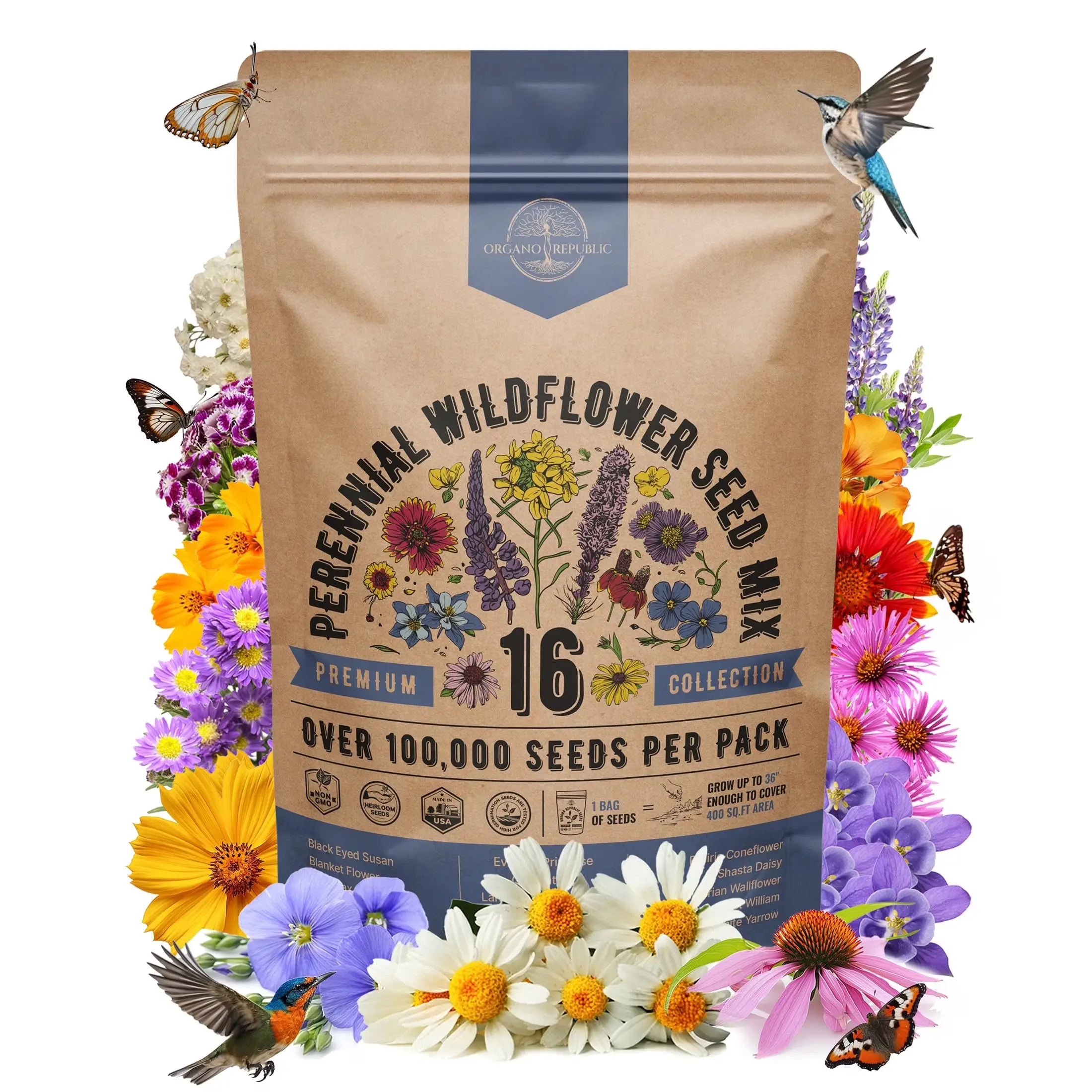 16 Perennial Wildflower Mix Seeds Varieties-100,000+ Non-GMO Heirloom Garden Seeds