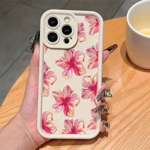 Tropical Pink Hibiscus Flower  Phone Case for iPhone 17 15 16 14 Pro Max 13 12 11 XR XS Air Plus E Nature's Delight Pattern Non-Yellowing Shockproof Soft Silicone Transparent Cover Protection Cellphone Casing