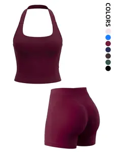 Women's Sporty Yoga Set, Backless Halter Top & High Waist Shorts, Comfortable Fitness Wear, Seamless Shaping, All Seasons
