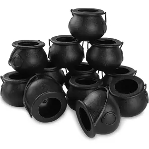 12pcs Mini Black Cauldron with Handle Halloween Mini Witch Cauldron Kettles Multi-purposed Small Plastic Cauldron Halloween Pot Candy holder for Halloween & St. Patrick’s Day Party Favors Decor