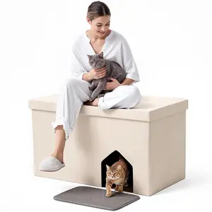PAWGIANT Cat Litter Box, Enclosure Hidden Furniture, Foldable Cat Washroom Bench with Storage Space, Large Cabinet Cats Litter Ottoman for Odor Control, Dog Poof, Beige