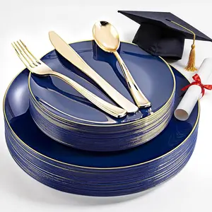 125 count Blue Plastic Plates - Navy Blue Disposable Plates With  Rim Include 25 Dinner Plate, 25 Dessert Plate, 75  Silverware Cutlery for Party & Wedding Graduation
