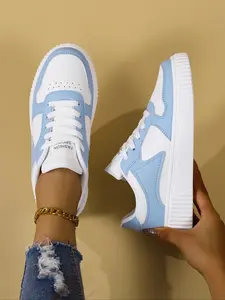 Women's Patchwork Lace Up Skate Shoes, Casual Breathable Comfortable Sports Shoes, Female All-match Round Toe Shoes for Daily Wear, Patchwork Design Sneakers