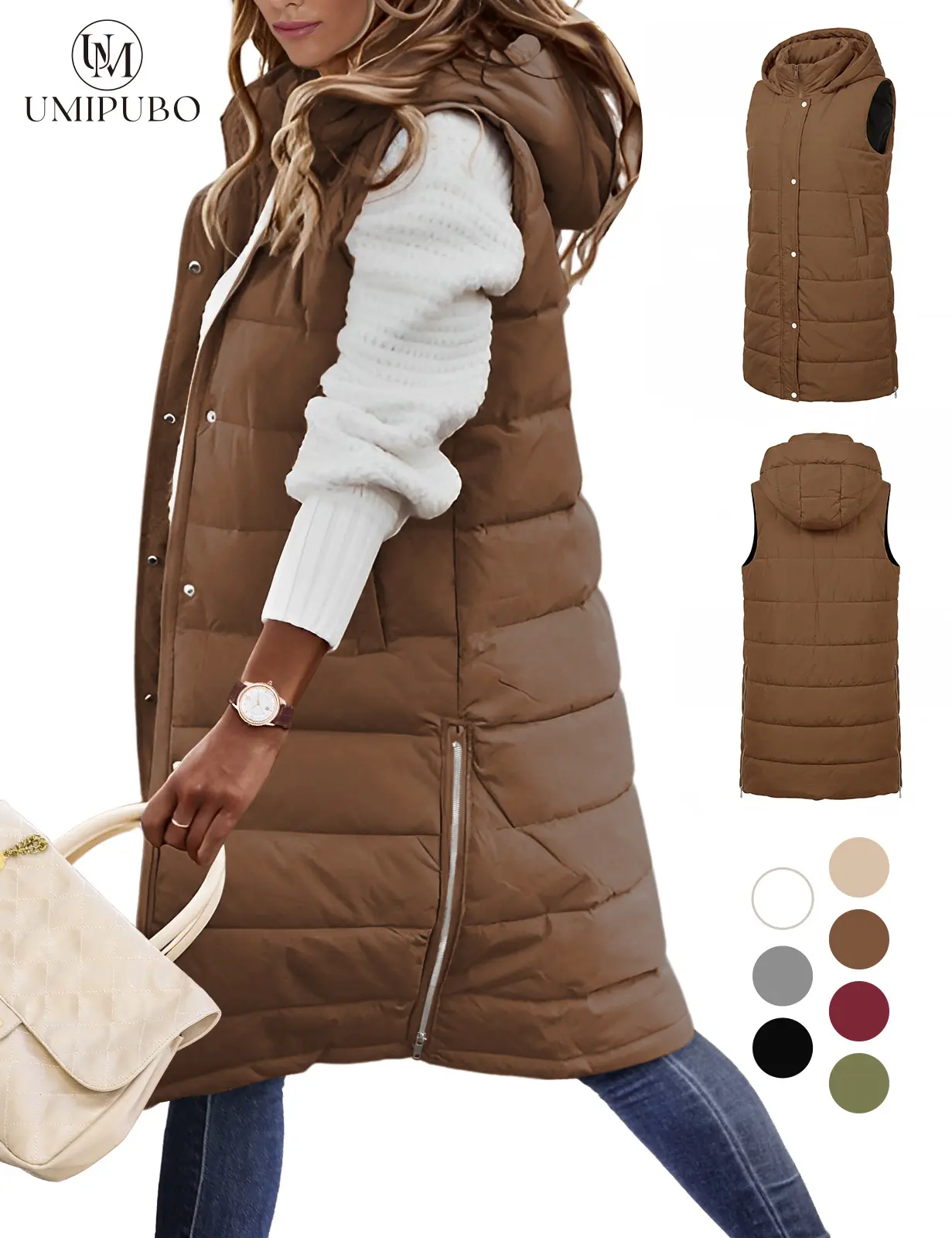 UMIPUBO Women's Hooded Puffer Vest - Winter Casual Outerwear for Ladies, Sleeveless Zipper-Up Quilted Thick Warm Tops with Pockets, Basic, Lady