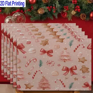 1PC/4Pcs/6Pcs 2D Flat Printed Pink Christmas Pattern Gingerbread Candy Table Mats, Placemats, Heat-resistant Kitchen Table Mats, Home Restaurant Table Mats, Outdoor Picnic Table Cloth Mats, Kitchen Decorative Placemat, Etc