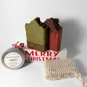 Merry & Bright Body Care Bundle - Organic Coconut Oil, Palm Oil Free, Handmade Soaps, Comfrey & Arnica Muscle Salve, Soap Saver Bag, Perfect Holiday Gift