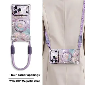 Viral Chinese Lotus Aesthetic iPhone 16/17 Case | MagSafe Magnetic 360° Rotating Stand + Lanyard | Liquid Silicone Shockproof Protective Cover