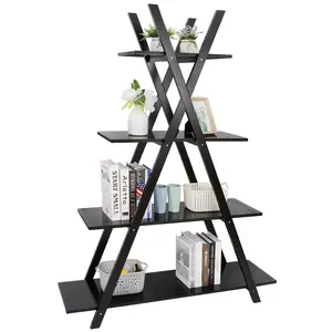 Zeny A-Frame 4-Tier Sturdy Open Bookcase, Modern Corner Bookshelf, Minimalist Easy-Setup Black Indoor Furniture Shelf & Rack for Household Items Decor