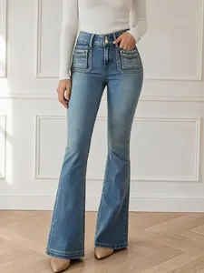 Trendy Queen Women’s Mid-Rise Slim Fit Denim Pants Casual Daily Wear Flare Jeans Figure Flattering & Slimming