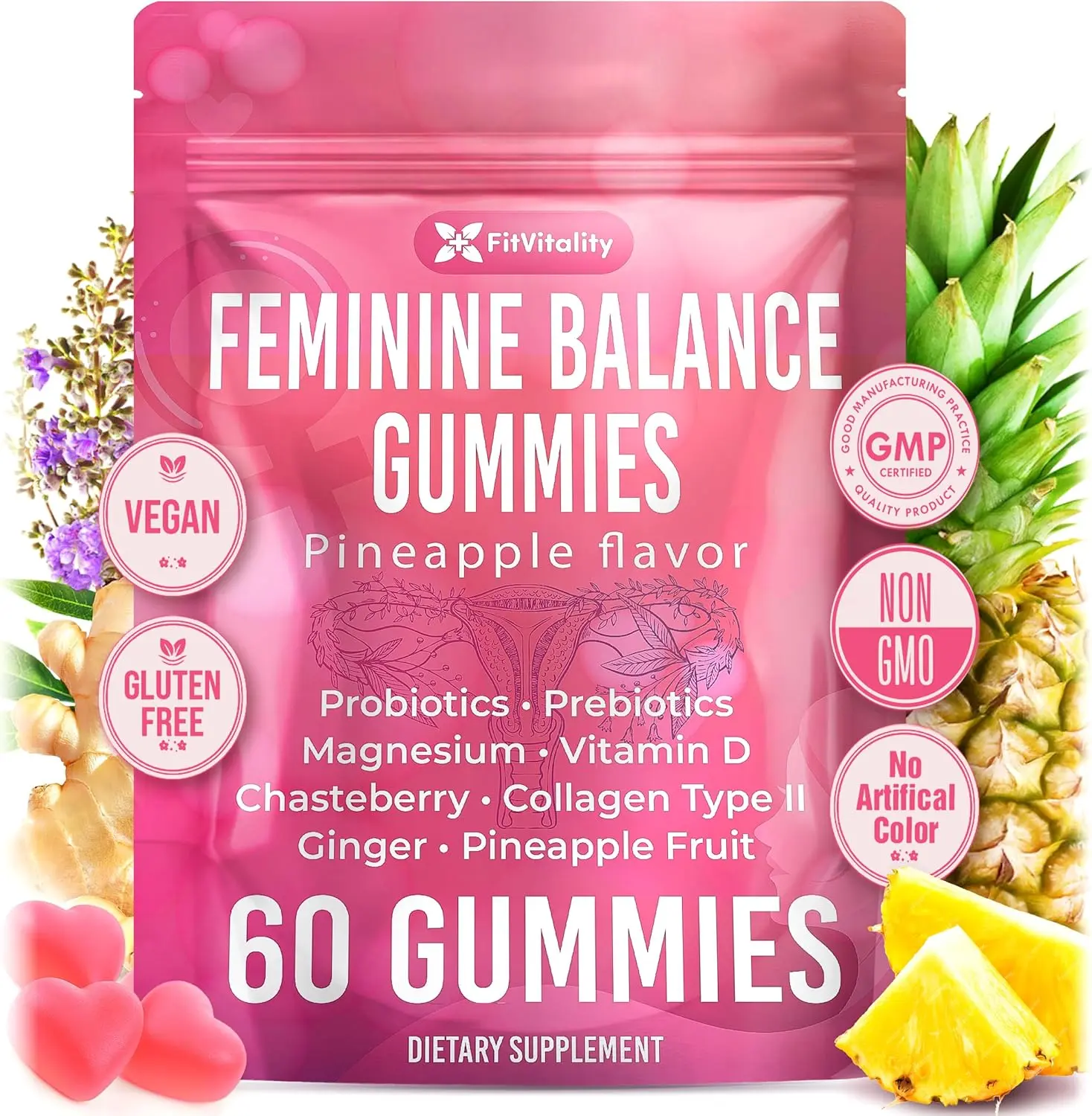 Premium 60 Feminine Balance Gummies – Probiotics, Collagen Type II, Chasteberry, Vitamin D & Magnesium – Gluten-Free, Natural Pineapple Flavor, Vegan