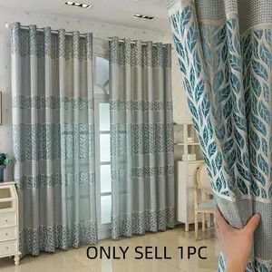 1pc Simple Style Leaf Embroidered Curtain, Light Base with Fresh Blue- Leaf Embroidery, Home Balcony Bedroom Insulating Curtain, Window Curtain, Home Decorative Curtain