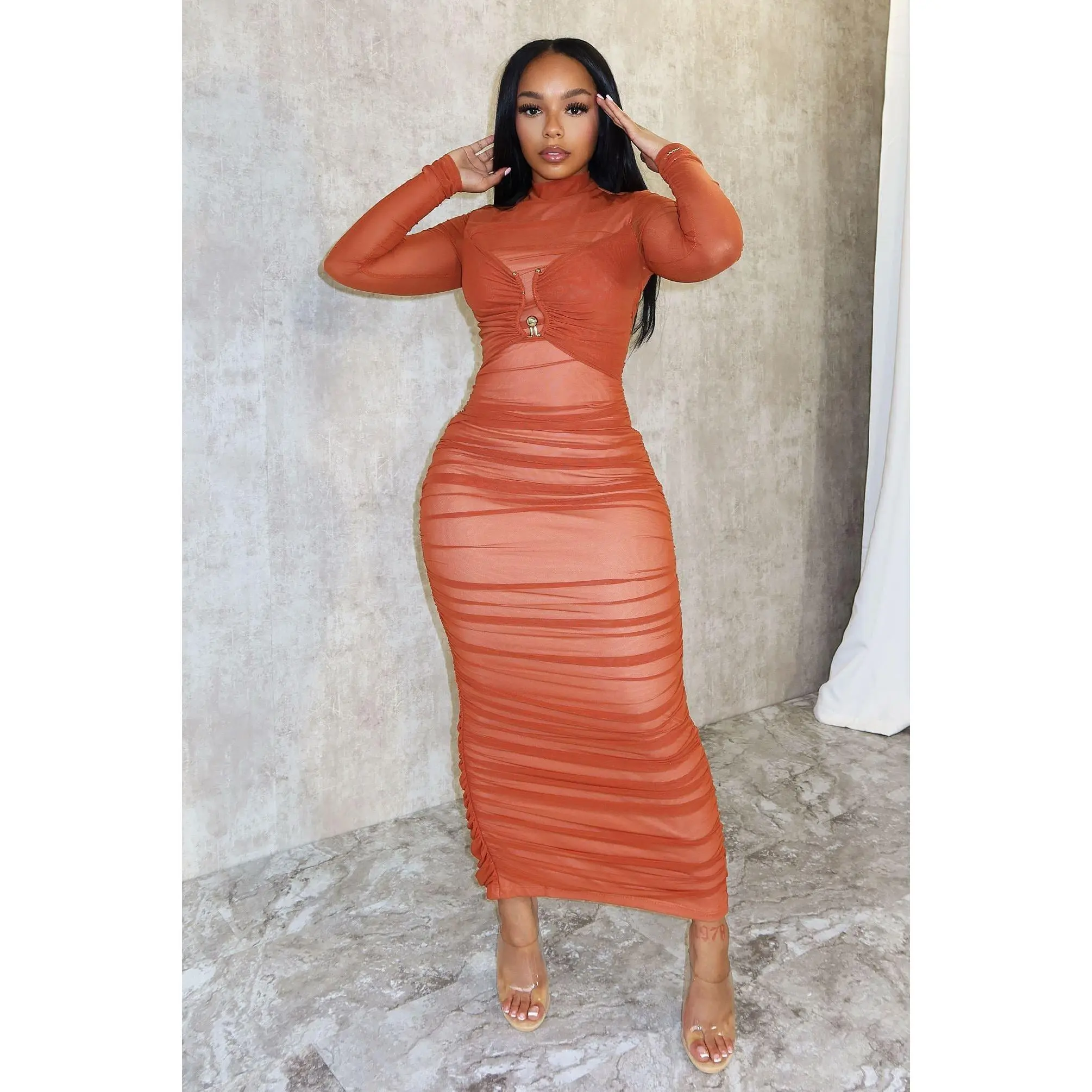 brown printed mesh ruched dress - TikTok Shop brown printed mesh ruched dress - TikTok Shop