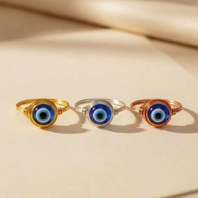 Alx Aura Evil Eye Protection Ring Handmade Wire Wrapped in Gold Silver or Copper for Enhanced Luck and Protection Classic Blue Evil Eye Bead Unisex Design