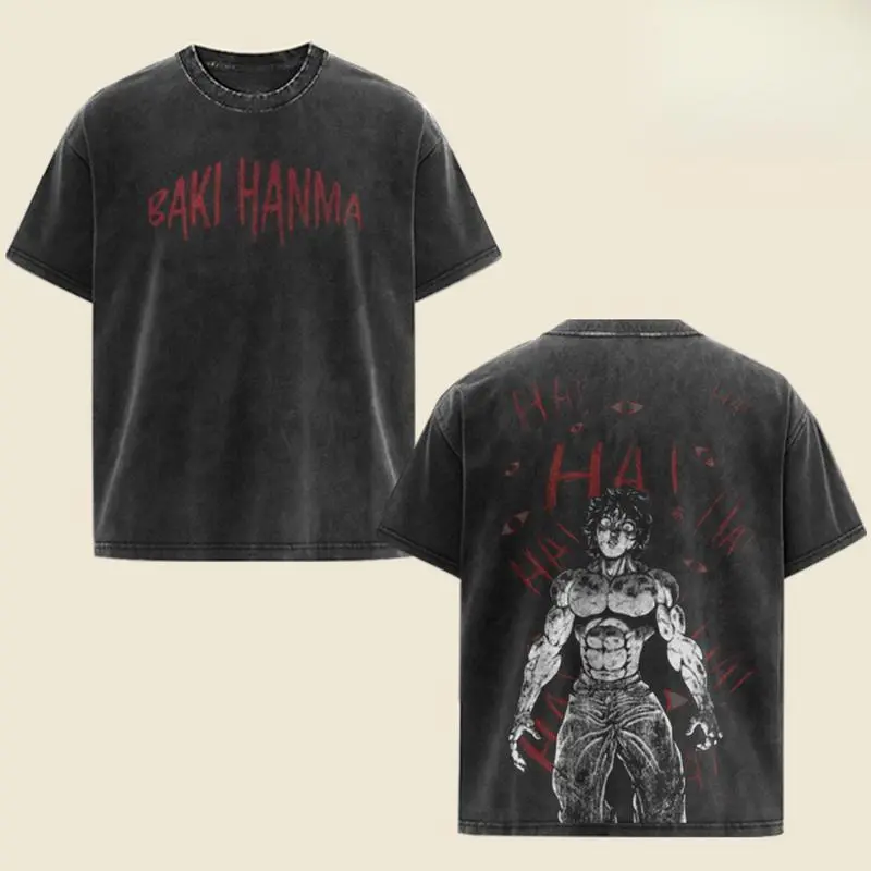 BAKI HANMA HAHA Vintage Dark Washed Graphic Tee Baki the Grappler Manga Muscle Fighter Streetwear Unisex Oversized Heavy Cotton T-Shirt Ideal Gift for Him Her Available in Hoodie Sweatshirt Perfect for Anime Manga Enthusiasts