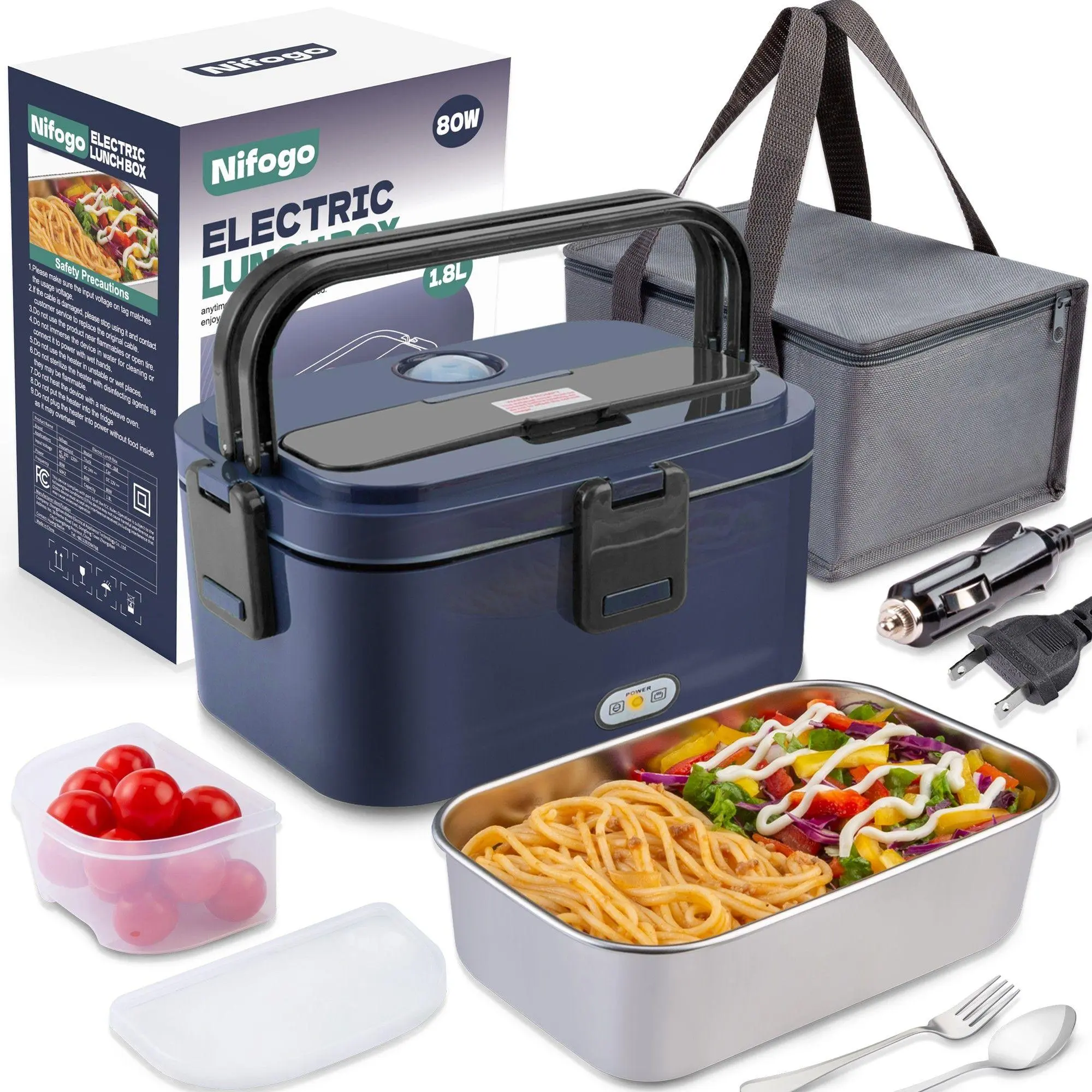 Nifogo Electric Lunch Box 80W High Power 1.8L Food Grade Stainless Steel Portable Heated Display Screen 12V 24V 110V Multi Voltage Square Shape Black for Car Truck Work School Picnic Camping
