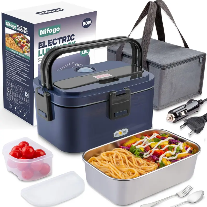 Nifogo Electric Heating Boxed Lunch Box for Adults - 80W High Power, 1.8L Food-Grade Steel Container, Real-Time Temp Display, 12V/24V/110V Multi-Voltage, Portable Black Square, Carry Bag Included, for Car, Truck, Work, School