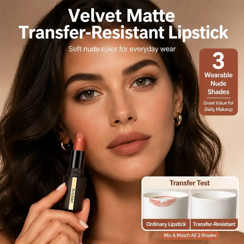 Aixilan Luxury Plant-Based Silk Matte Nude Lipstick - Long-Lasting, Waterproof, Moisturizing, Lightweight, Compact, Transfer-Proof, Smudge-Resistant, Cruelty-Free for Warm Olive & All Skin Types, Daily Makeup, Ideal Gift