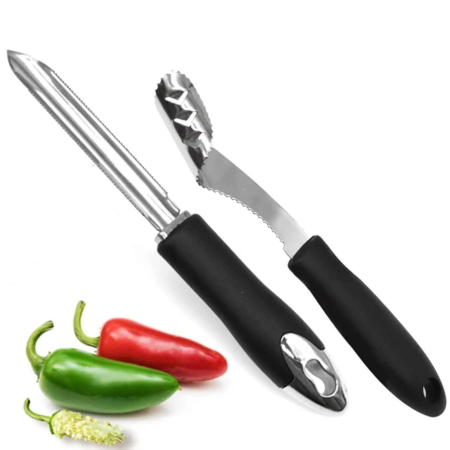 Jalapeno Pepper Corer, Set Of 2, Stainless Steel Chili Corer Remover With Serrated Slice And Rubber Handle, Core Deseeder For Jalapenos, Chilis, Bell Peppers, Zucchini Cucumber Corer