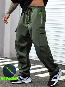 Men's Spring Summer Letter Zipper Pocket Cargo Pants, Fashion Large Patch Pockets, Drawstring Waist, Casual Outdoor Long Pants