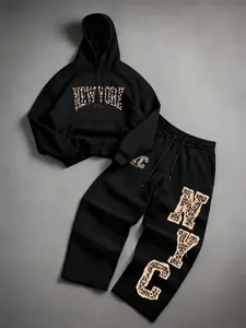 Men's Fashion Casual Two-Piece Set, Leopard Print Hoodie and Drawstring Wide Leg Pants, Spring & Fall Fitted