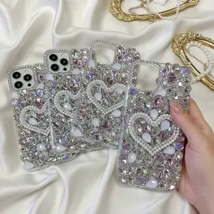 Luxury Full Rhinestone Phone Case, Handmade Bling Diamond Pearl Heart Protective Cover Compatible With Smartphones 14-17 Pro Max