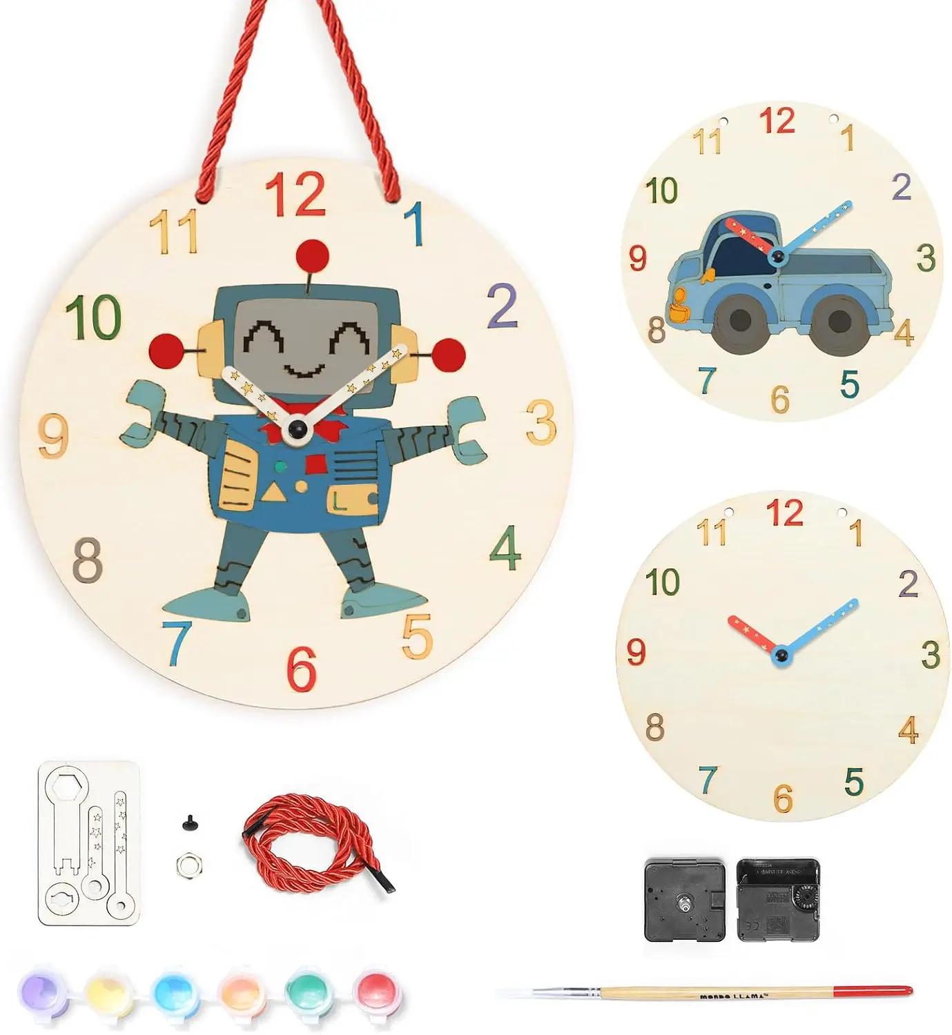 Wooden Analog Round Wall Clock - Creative DIY Hand-Painted Boy-Style Clock with Paint Set, Multiple Patterns, Vintage Wooden Wall Decor for Kids' Bedroom
