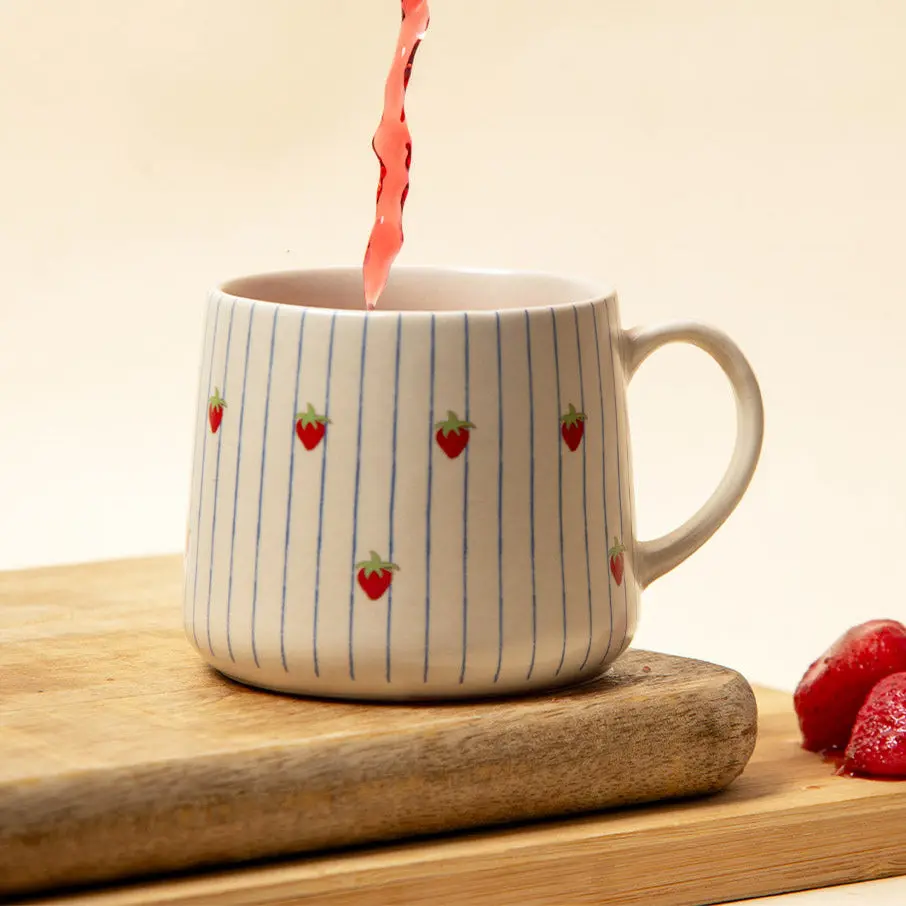 Strawberry Stripe Mug | Handpainted Ceramic | 300ml (Set of 2)
