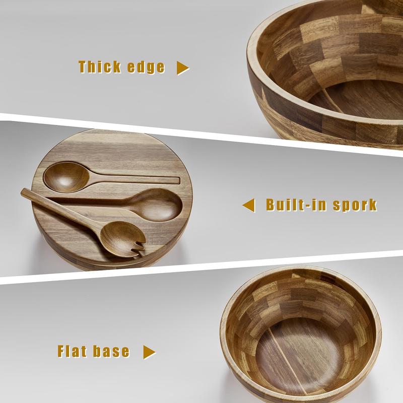Acacia Wood Salad Bowl Set with Lid, 10.5" Large Serving Bowl, 4-Piece Set with Reversible Lid, Built-in Wooden Fork & Spoon fruit bowl Tableware